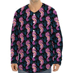Purple Seahorse Pattern Print Long Sleeve Baseball Jersey