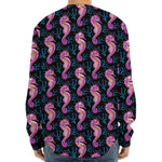 Purple Seahorse Pattern Print Long Sleeve Baseball Jersey