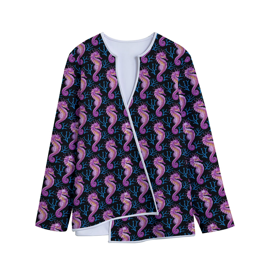 Purple Seahorse Pattern Print Long Sleeve Short Coat