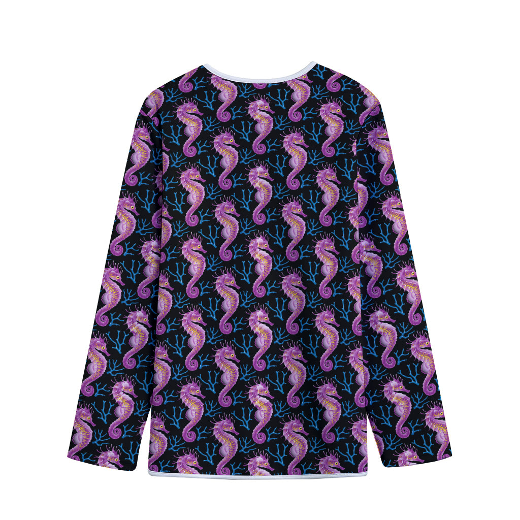 Purple Seahorse Pattern Print Long Sleeve Short Coat