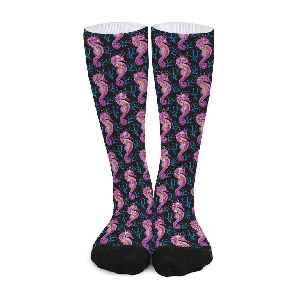 Purple Seahorse Pattern Print Long Socks