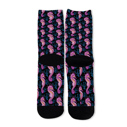 Purple Seahorse Pattern Print Long Socks