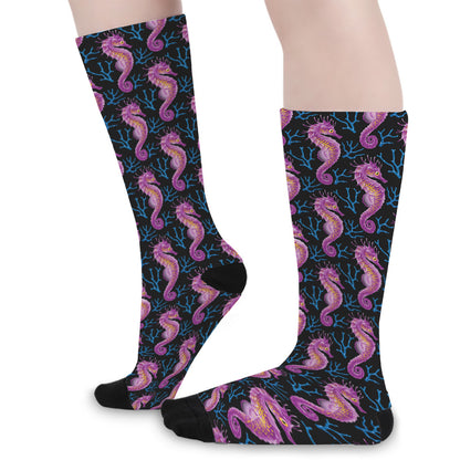 Purple Seahorse Pattern Print Long Socks