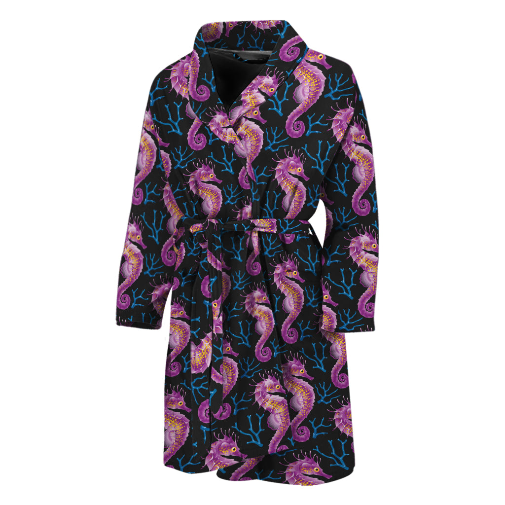 Purple Seahorse Pattern Print Men's Bathrobe