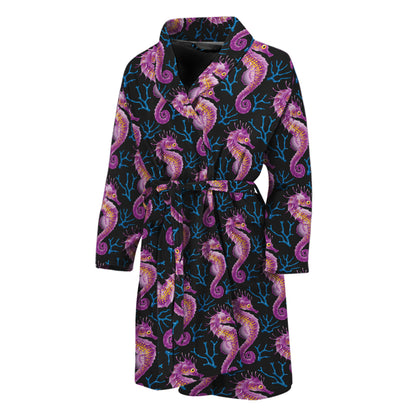 Purple Seahorse Pattern Print Men's Bathrobe