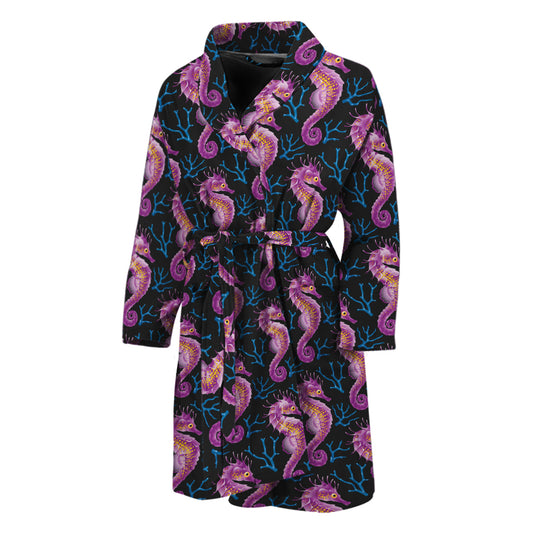 Purple Seahorse Pattern Print Men's Bathrobe
