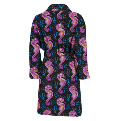 Purple Seahorse Pattern Print Men's Bathrobe