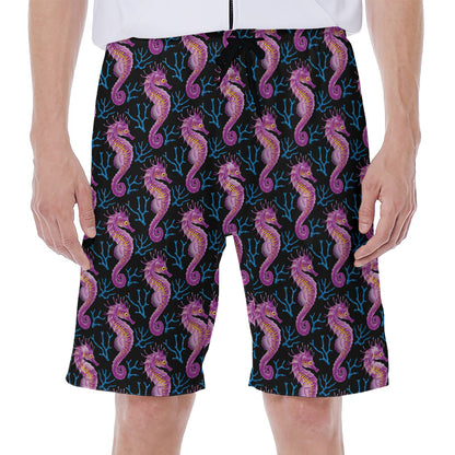 Purple Seahorse Pattern Print Men's Beach Shorts
