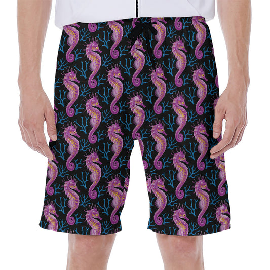 Purple Seahorse Pattern Print Men's Beach Shorts