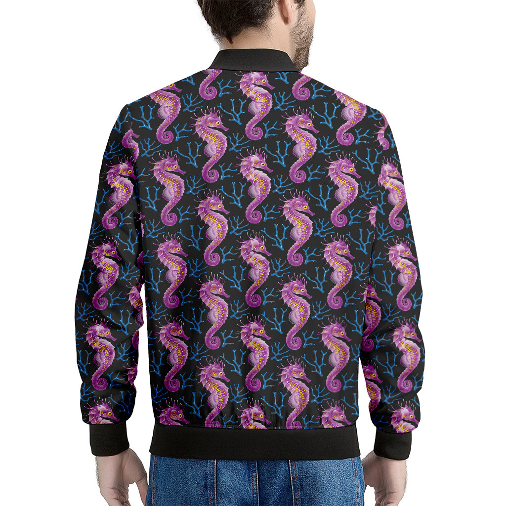 Purple Seahorse Pattern Print Men's Bomber Jacket