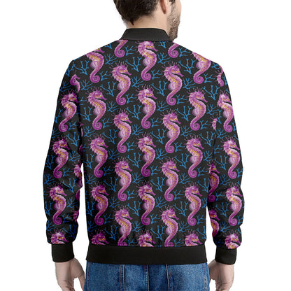 Purple Seahorse Pattern Print Men's Bomber Jacket
