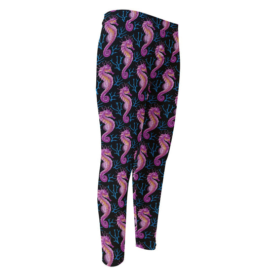 Purple Seahorse Pattern Print Men's Compression Pants