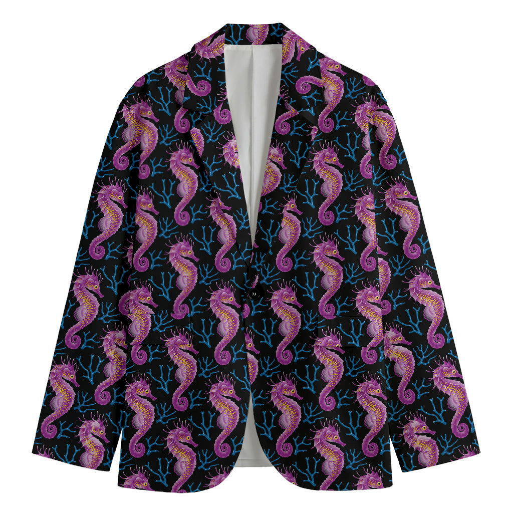 Purple Seahorse Pattern Print Men's Cotton Blazer