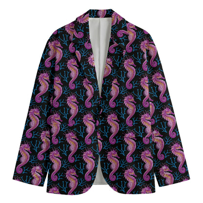 Purple Seahorse Pattern Print Men's Cotton Blazer