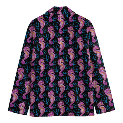 Purple Seahorse Pattern Print Men's Cotton Blazer