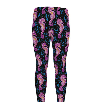 Purple Seahorse Pattern Print Men's leggings