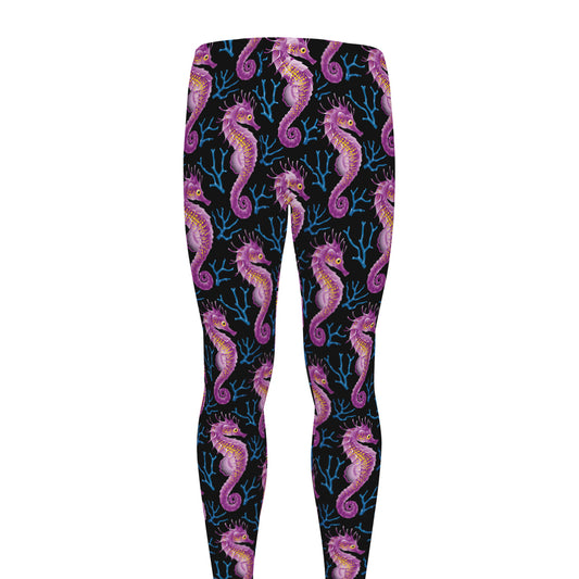 Purple Seahorse Pattern Print Men's leggings