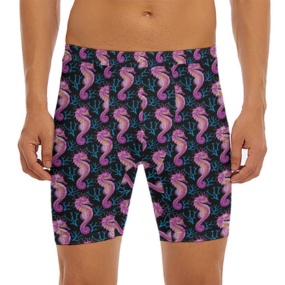Purple Seahorse Pattern Print Men's Long Boxer Briefs
