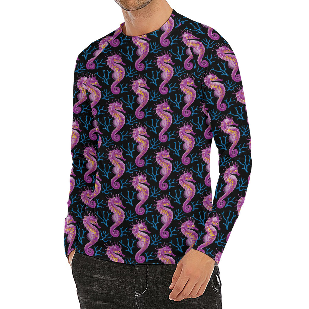 Purple Seahorse Pattern Print Men's Long Sleeve Rash Guard