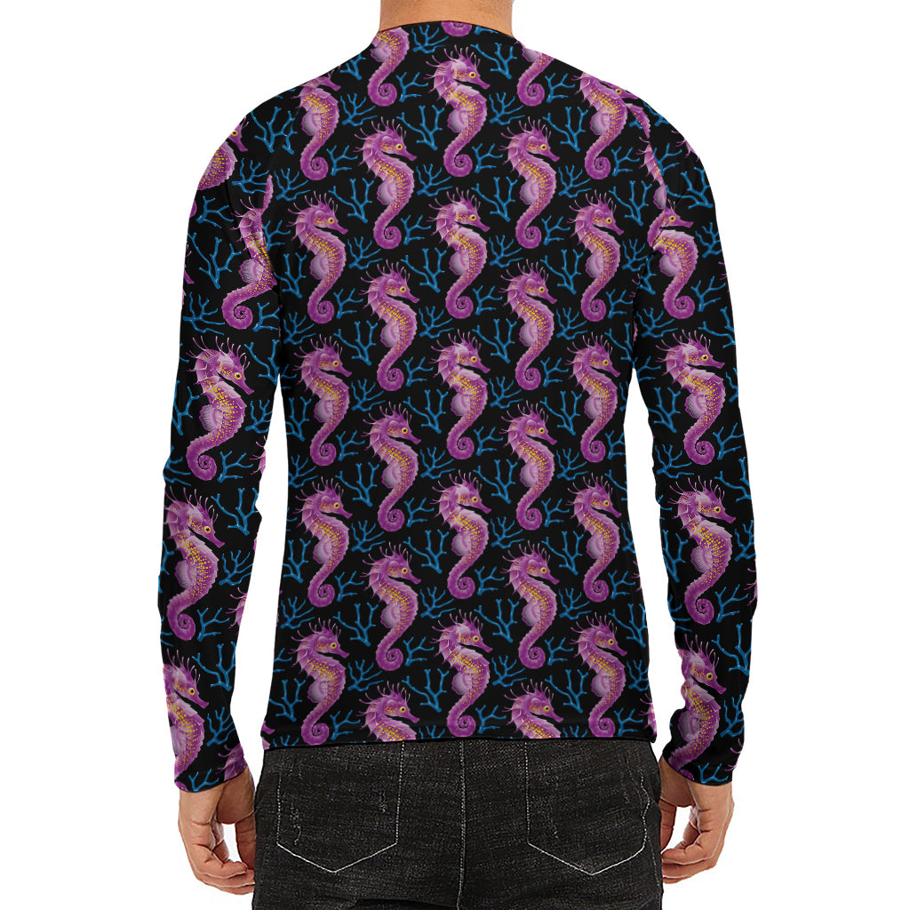 Purple Seahorse Pattern Print Men's Long Sleeve Rash Guard