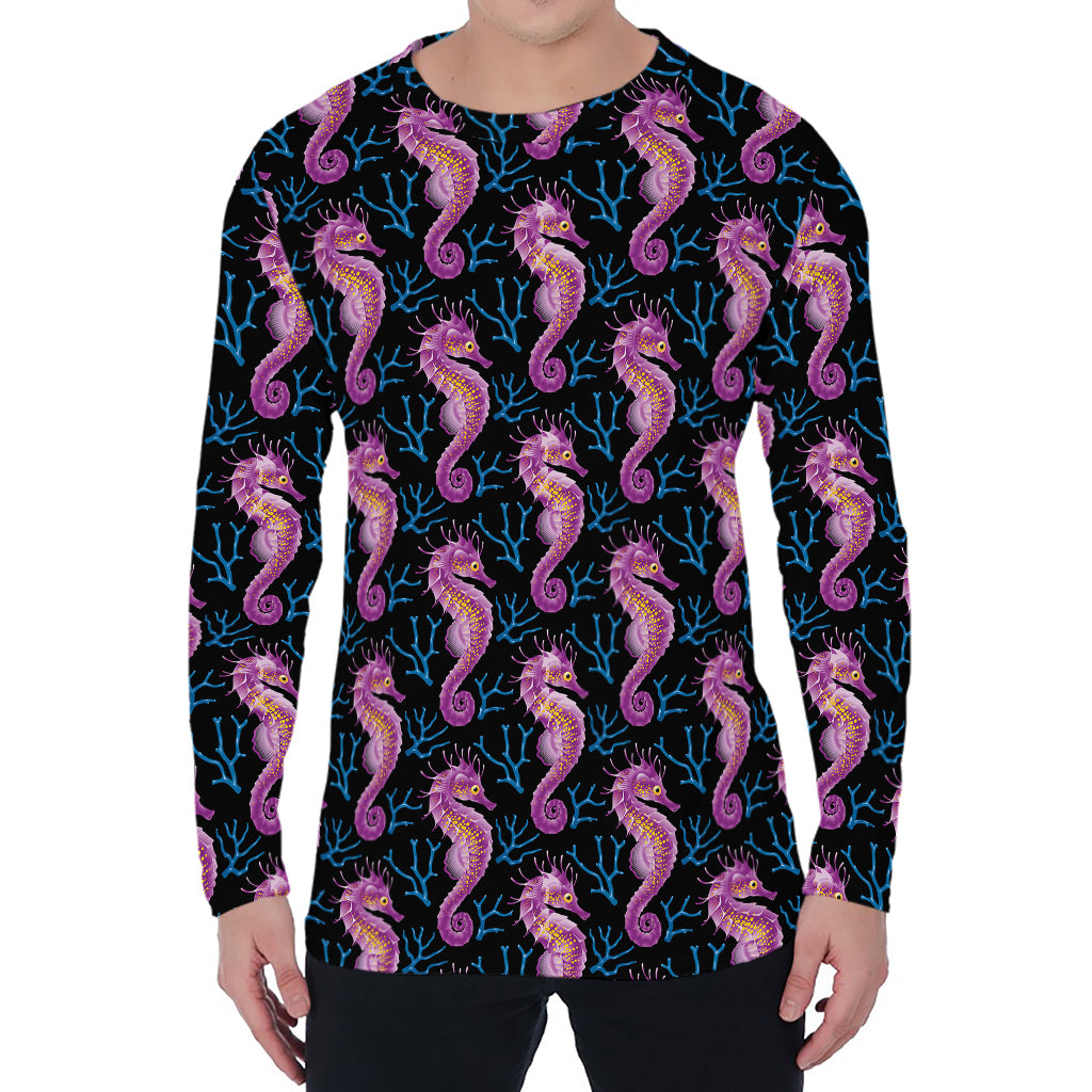 Purple Seahorse Pattern Print Men's Long Sleeve T-Shirt