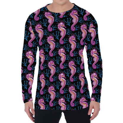 Purple Seahorse Pattern Print Men's Long Sleeve T-Shirt