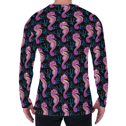 Purple Seahorse Pattern Print Men's Long Sleeve T-Shirt
