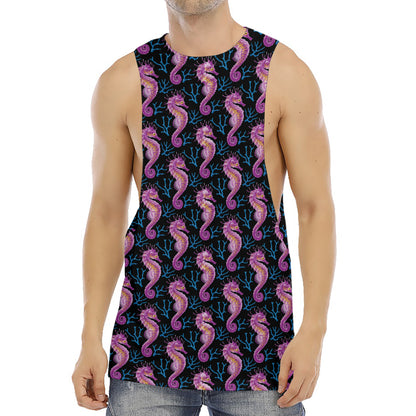 Purple Seahorse Pattern Print Men's Muscle Tank Top