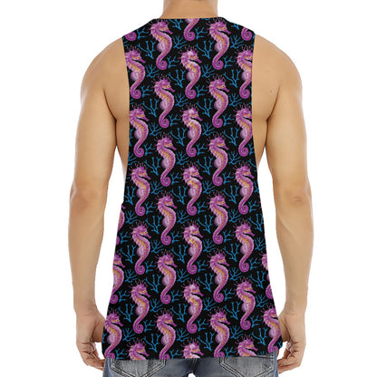 Purple Seahorse Pattern Print Men's Muscle Tank Top