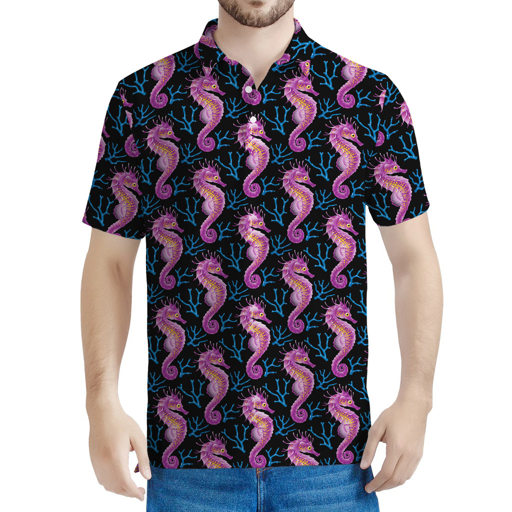 Purple Seahorse Pattern Print Men's Polo Shirt