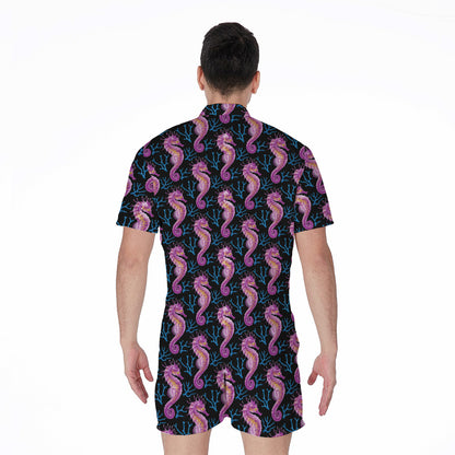 Purple Seahorse Pattern Print Men's Rompers
