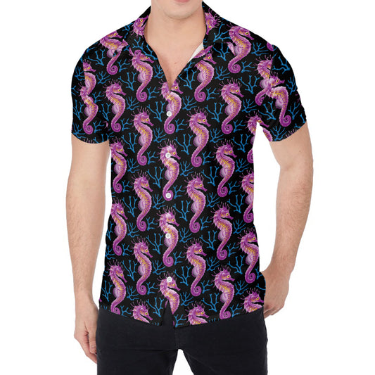 Purple Seahorse Pattern Print Men's Shirt