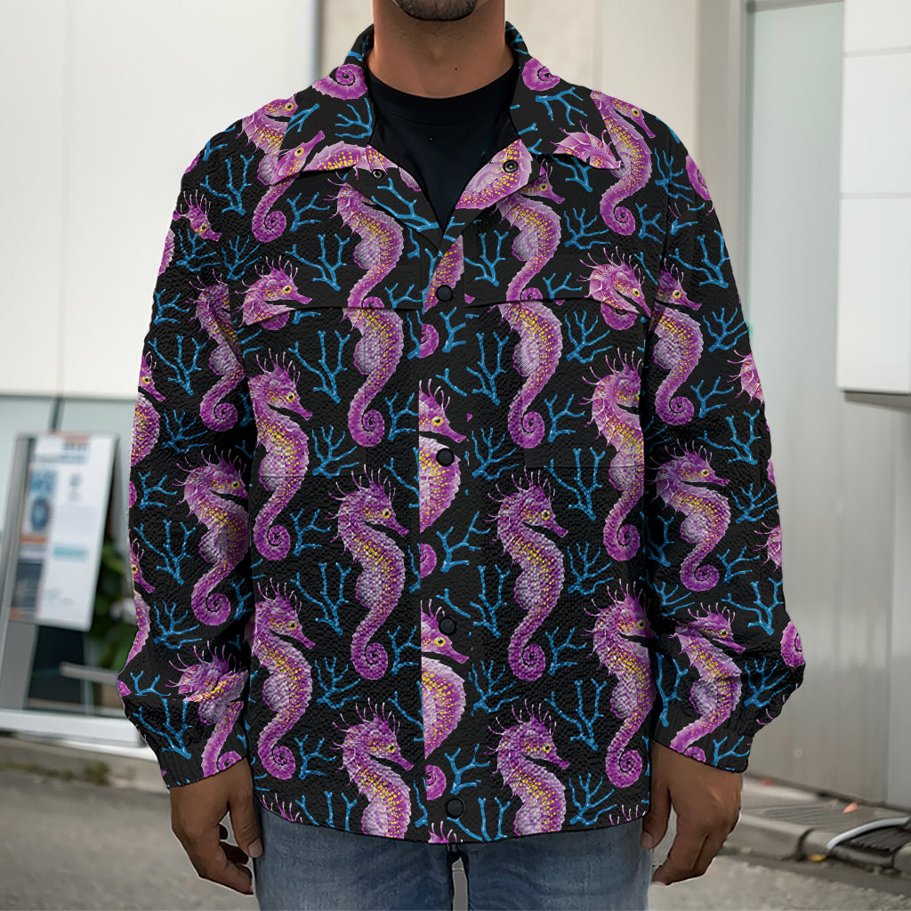 Purple Seahorse Pattern Print Men's Shirt Jacket