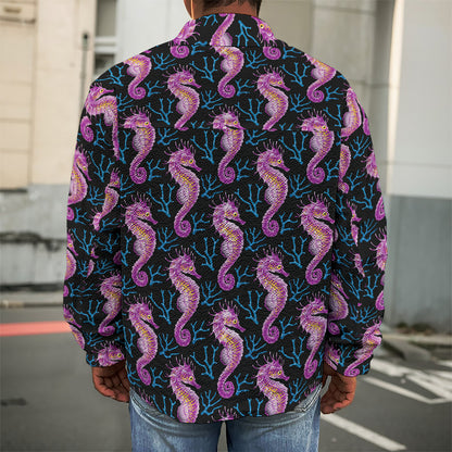 Purple Seahorse Pattern Print Men's Shirt Jacket
