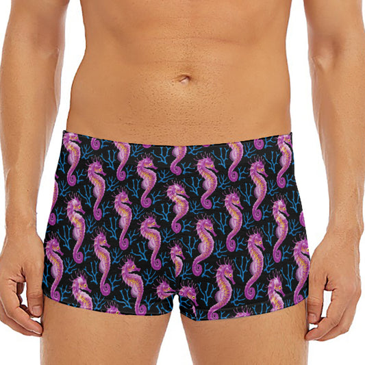 Purple Seahorse Pattern Print Men's Short Boxer Briefs