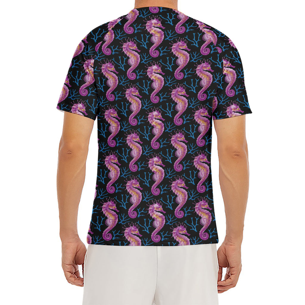 Purple Seahorse Pattern Print Men's Short Sleeve Rash Guard