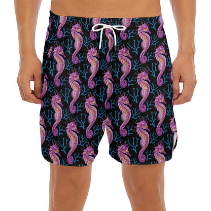Purple Seahorse Pattern Print Men's Split Running Shorts