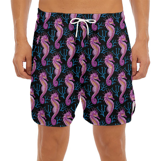 Purple Seahorse Pattern Print Men's Split Running Shorts
