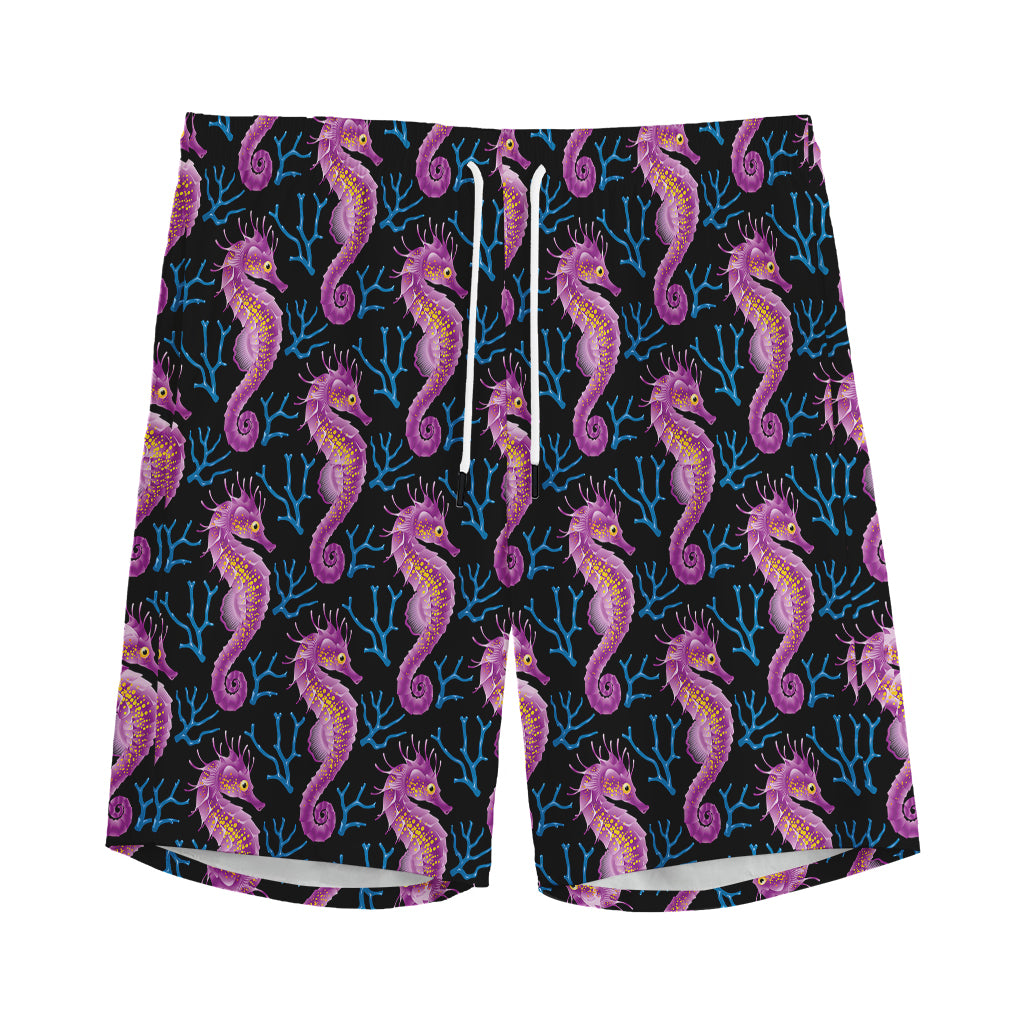 Purple Seahorse Pattern Print Men's Sports Shorts