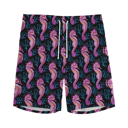 Purple Seahorse Pattern Print Men's Sports Shorts