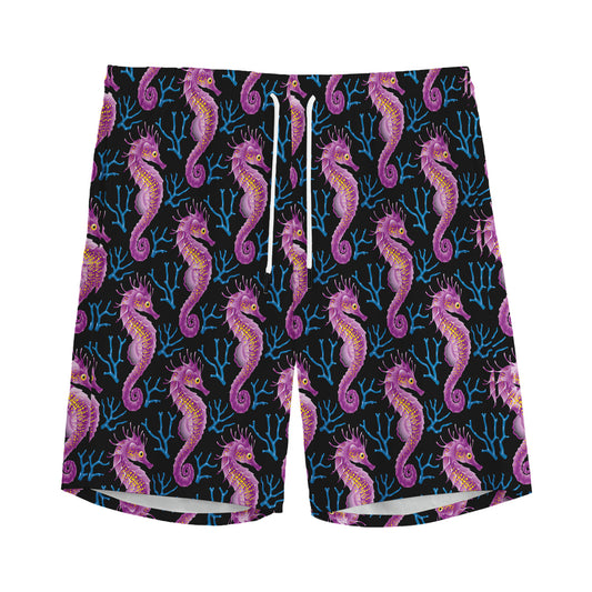 Purple Seahorse Pattern Print Men's Sports Shorts