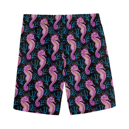 Purple Seahorse Pattern Print Men's Sports Shorts