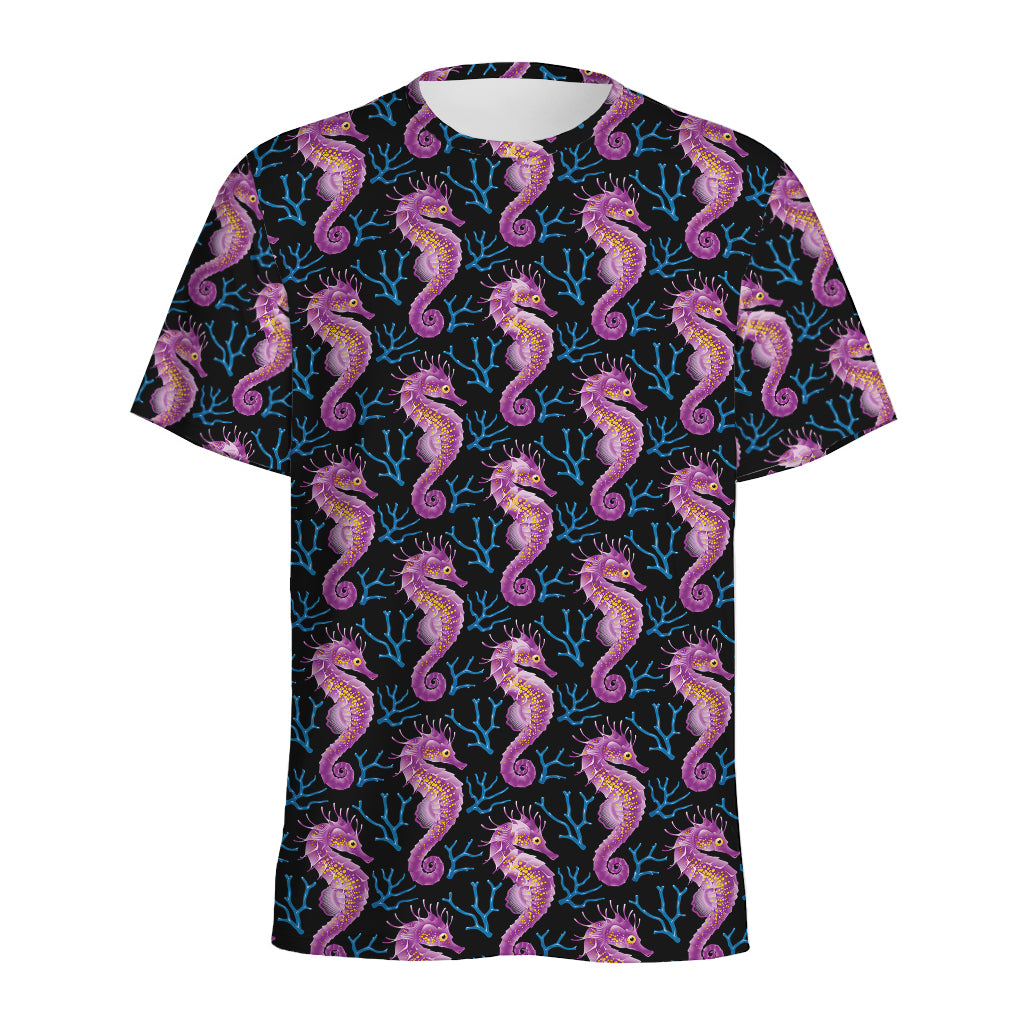 Purple Seahorse Pattern Print Men's Sports T-Shirt