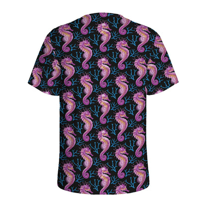 Purple Seahorse Pattern Print Men's Sports T-Shirt