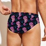 Purple Seahorse Pattern Print Men's Swim Briefs