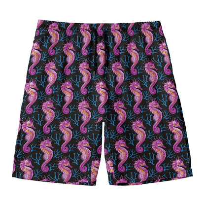 Purple Seahorse Pattern Print Men's Swim Trunks