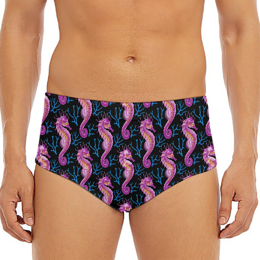 Purple Seahorse Pattern Print Men's Triangle Swim Briefs