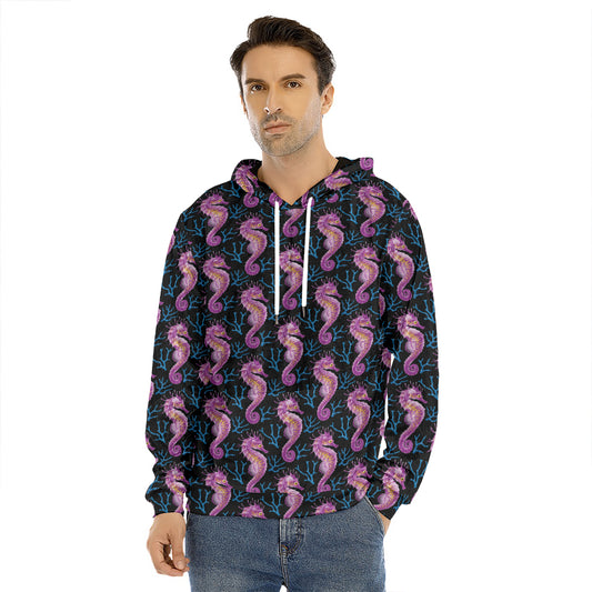 Purple Seahorse Pattern Print Men's Velvet Pullover Hoodie