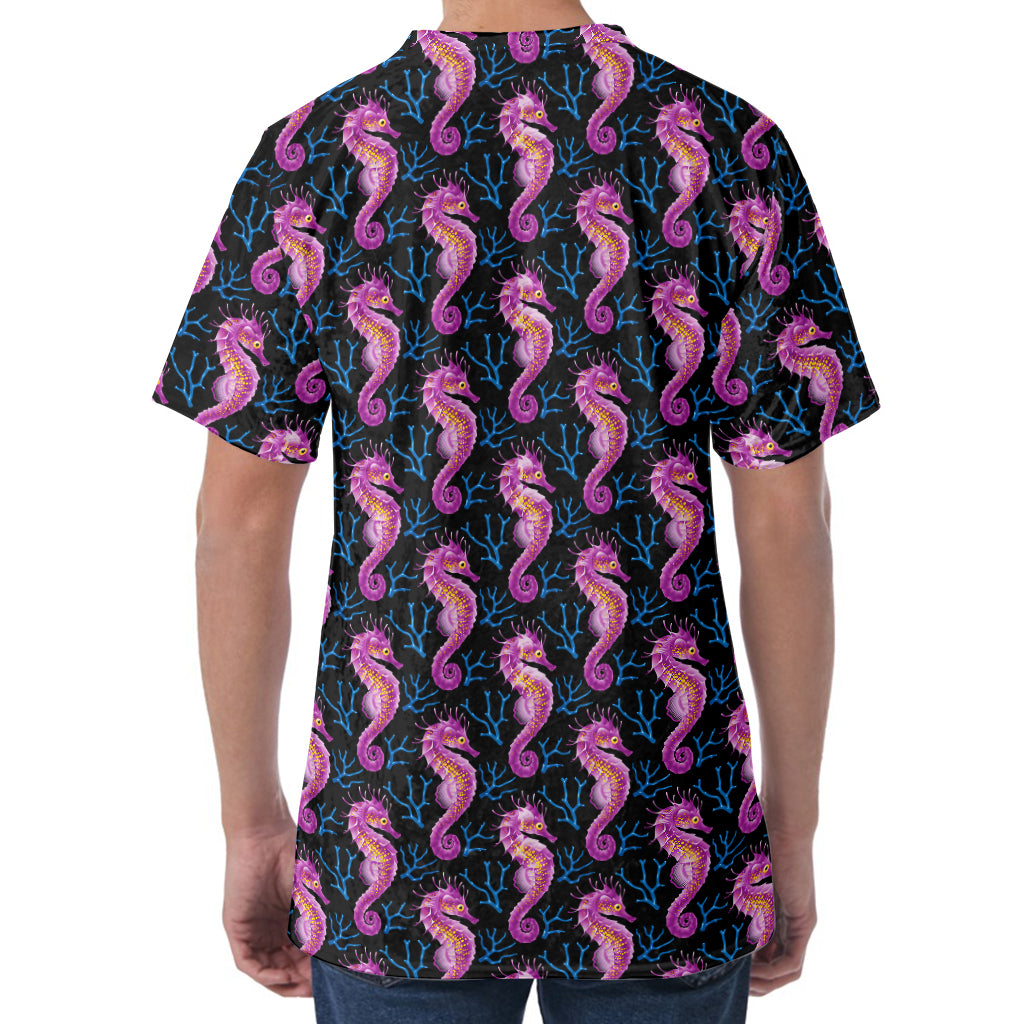 Purple Seahorse Pattern Print Men's Velvet T-Shirt