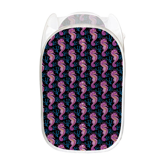Purple Seahorse Pattern Print Mesh Laundry Hamper